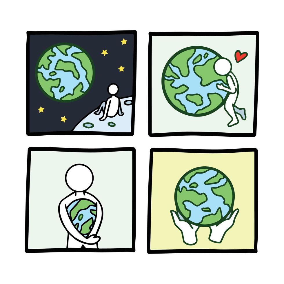 Save and love earth themed vector illustration icon. Go green and hugging the earth with white stickmans illustrations. Isolated simple and fun doodle on white background. Cartoon styled art.