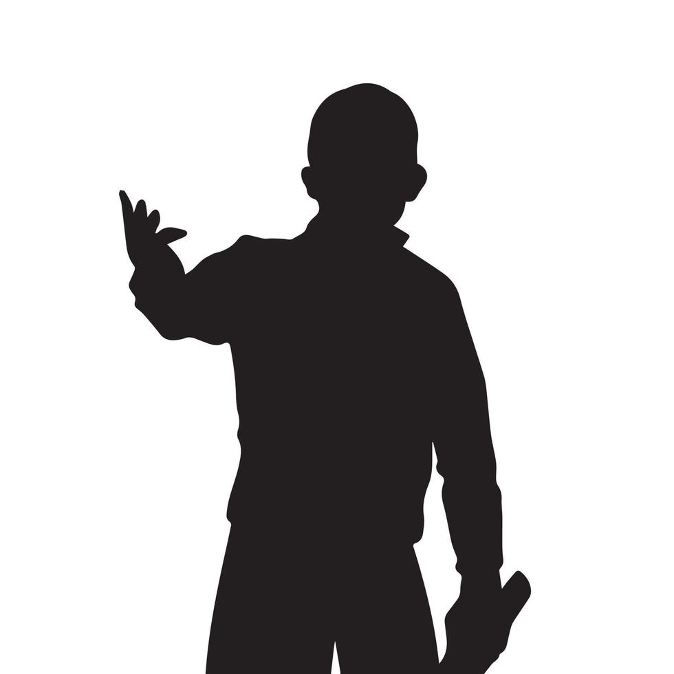Business adult man presenting something to other person while standing and holding folded paper. Vector silhouette isolated on plain white background. Man with one hand up foward.