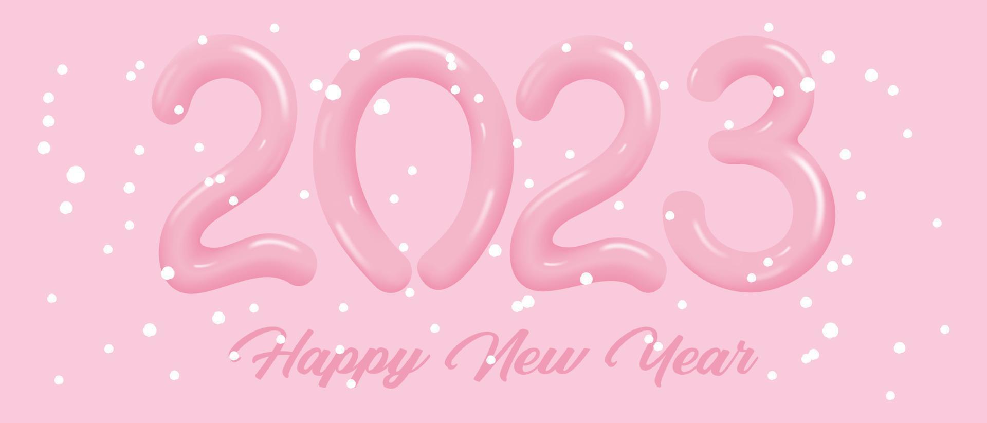 2023 calendar pink cover concept. Festive pink background with 3d numbers 2023 and snow. Vector template for a Happy New Year greeting banner, poster or postcard. Vector illustration.