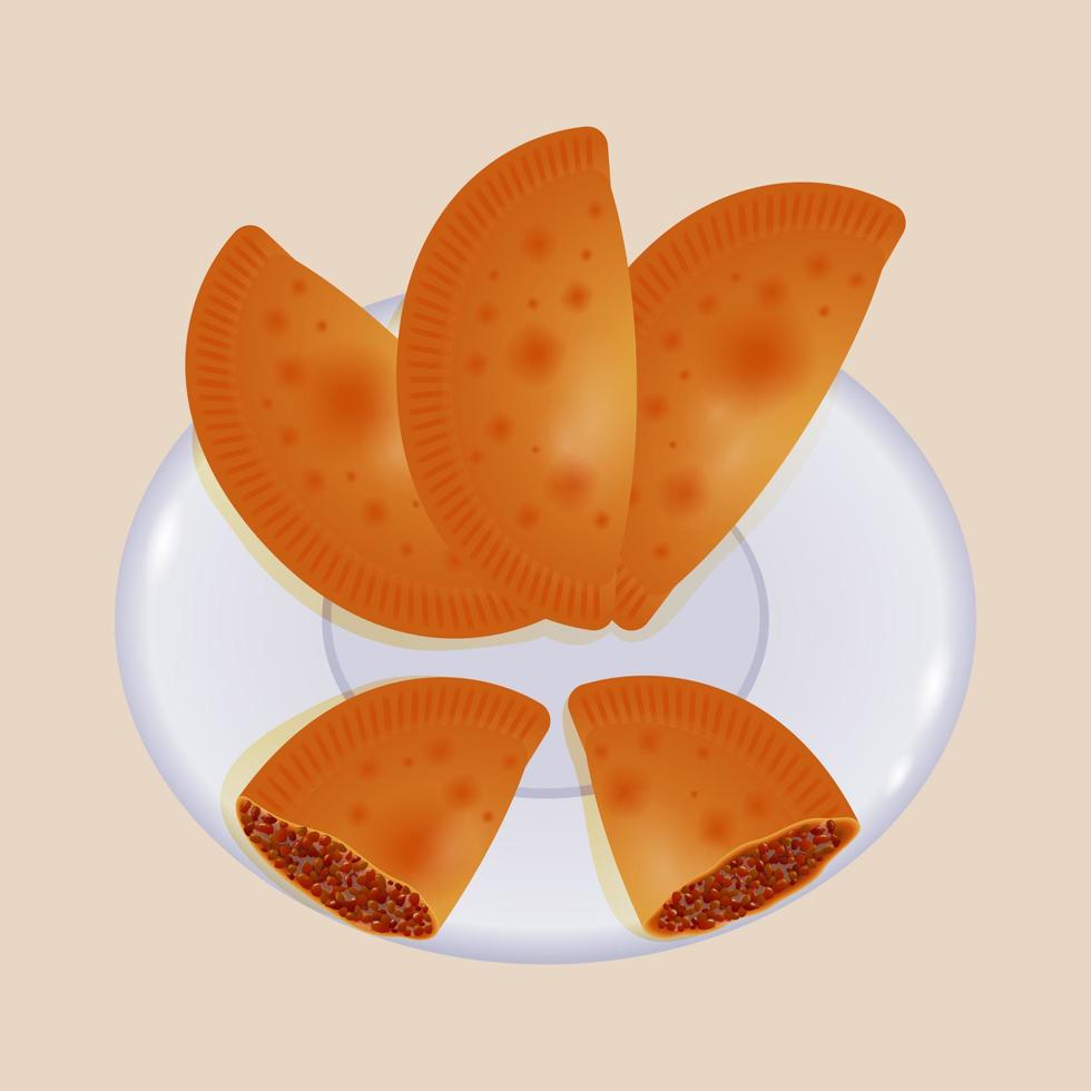 empanadas enteras y mitades con carne en un plato. comida tradicional latina y española. deliciosos pasteles mexicanos con diferentes ingredientes. pasteles fritos o empanadas con carne. ilustración vectorial de alimentos. vector