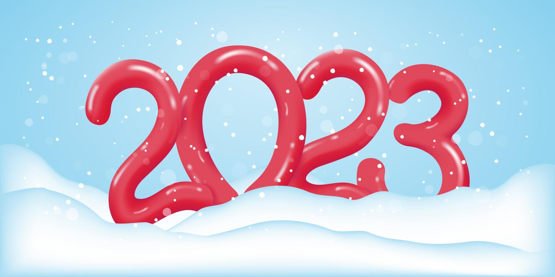 portada del calendario de invierno de 2023. fondo de nieve festiva con números 3d 2023. plantilla vectorial para un feliz año nuevo o feliz pancarta, póster o postal de felicitación navideña. ilustración vectorial vector