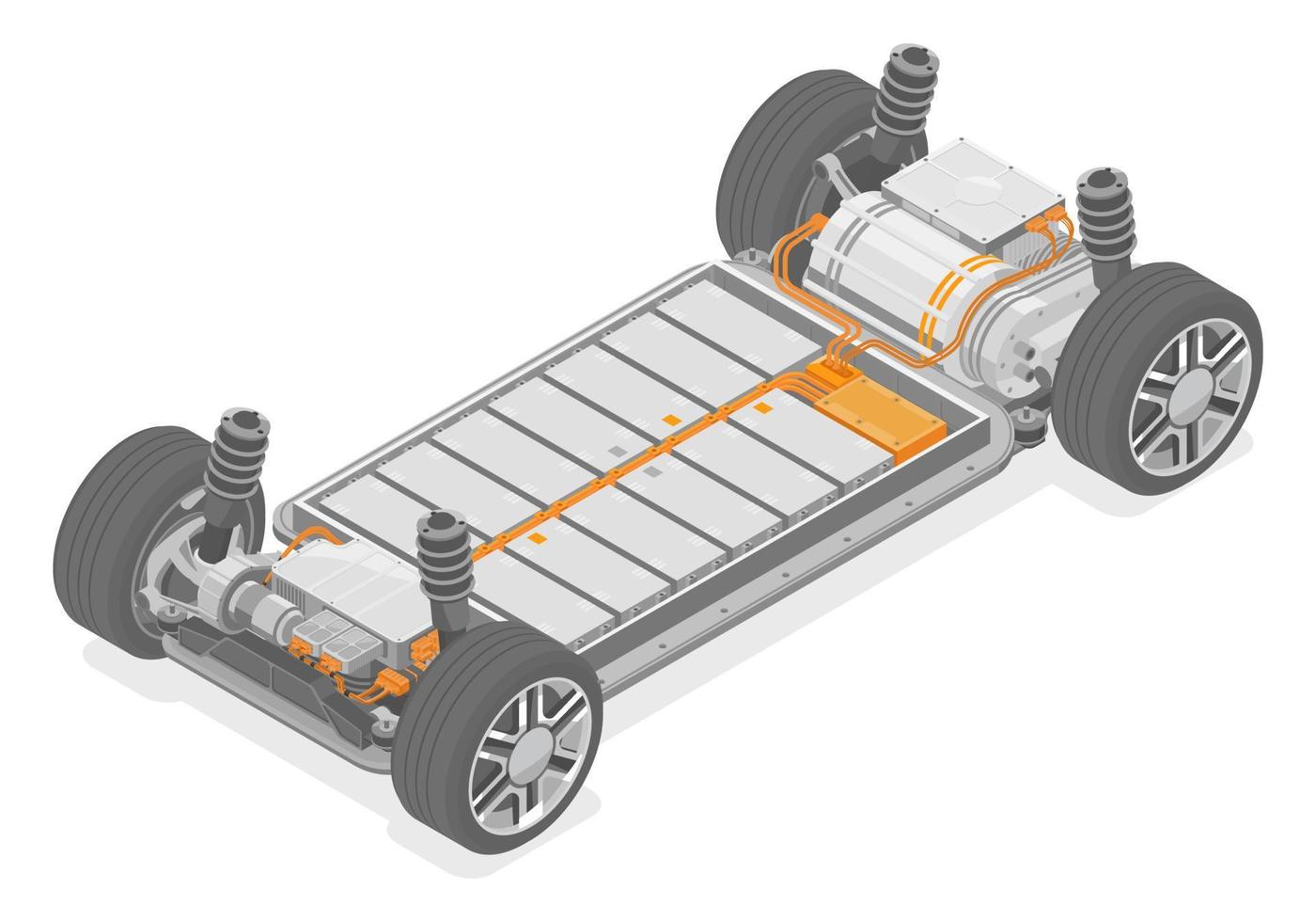 producción de automóviles eléctricos fabricación batería de litio paquete de iones de litio diseño de piezas de motor ev modular controlador de motor ilustración vectorial aislada isométrica vector