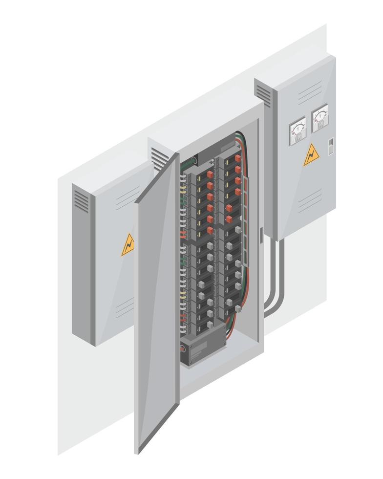 caja de controlador de electricidad técnicos de energía mantenimiento de servicio isométrico vector aislado