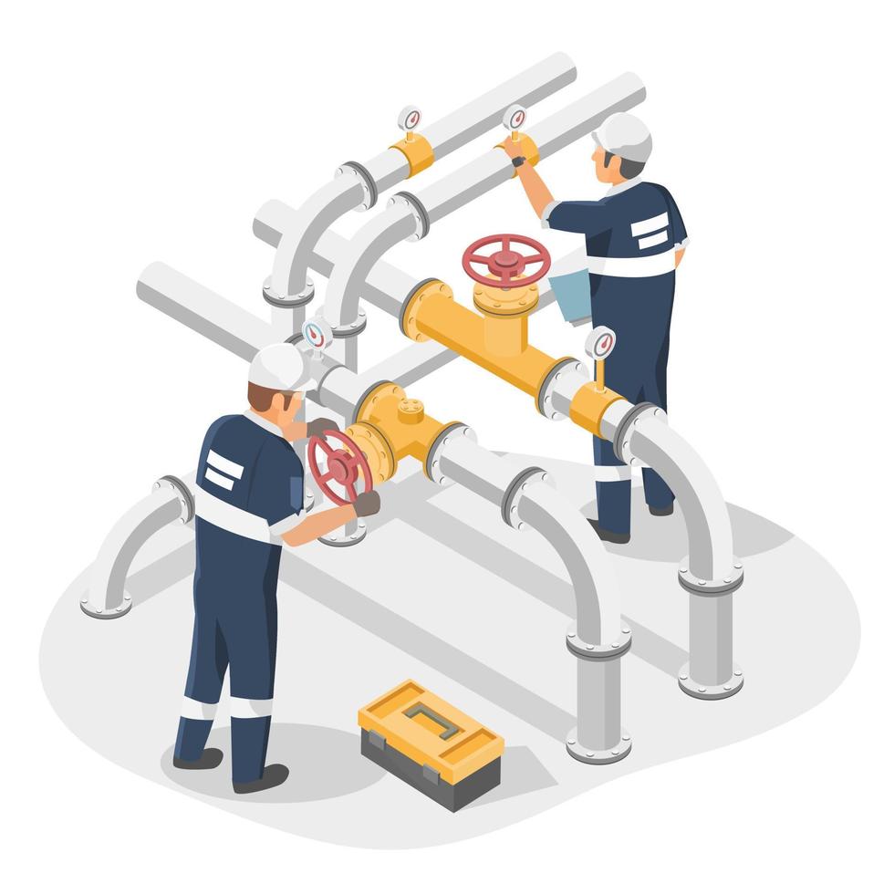Valves and Piping  technicians engineering checking service maintenance appliances for Gas pumping station gas industry and gas transport system isometric vector isolated