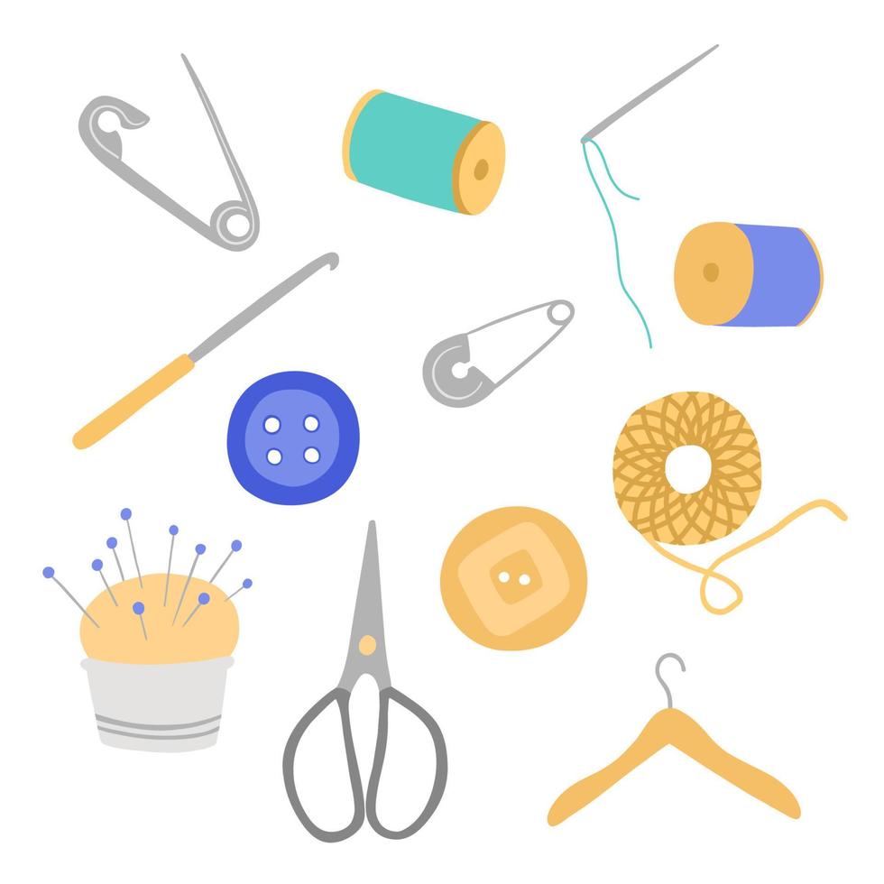 Yarn, scissors, threads colorful flat vector illustrations isolated on white. Needlework, tools for sewing and knitting set.