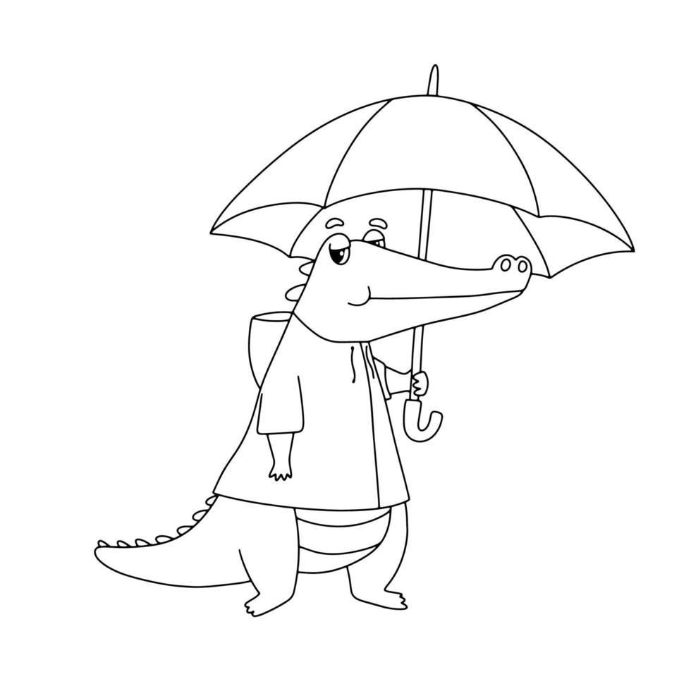 Funny crocodile in raincoat holds umbrella. Vector outline animal character for coloring book isolated on white background