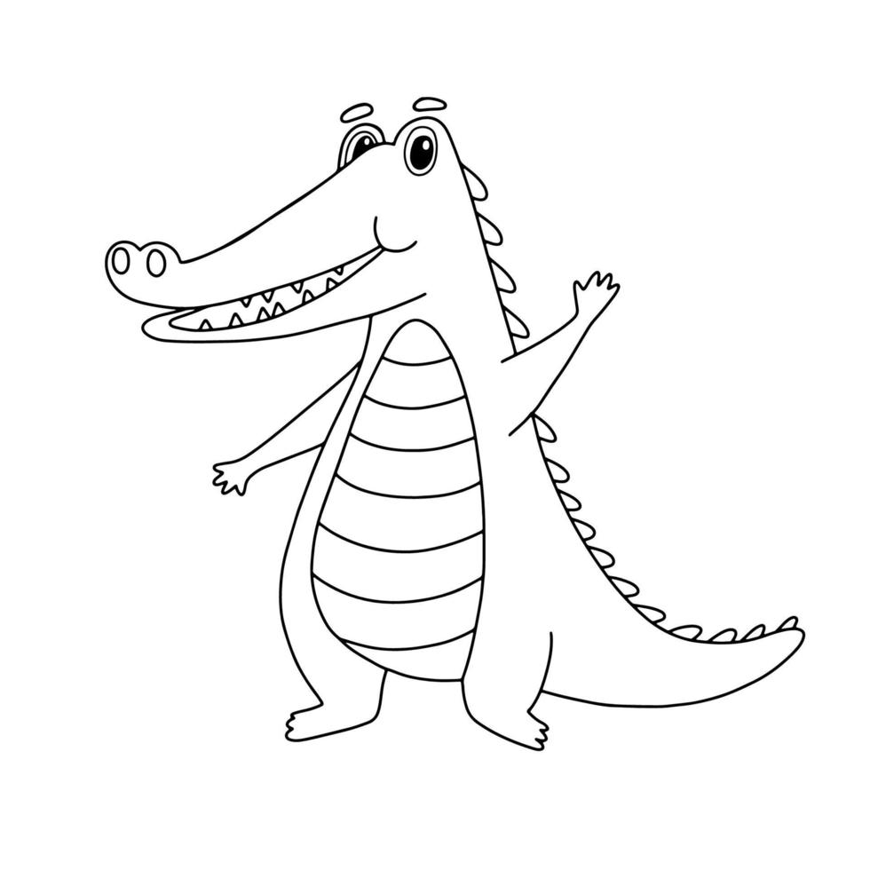 Cute Crocodile character. Funny Alligator isolated on white. Outline Vector Illustration for coloring book