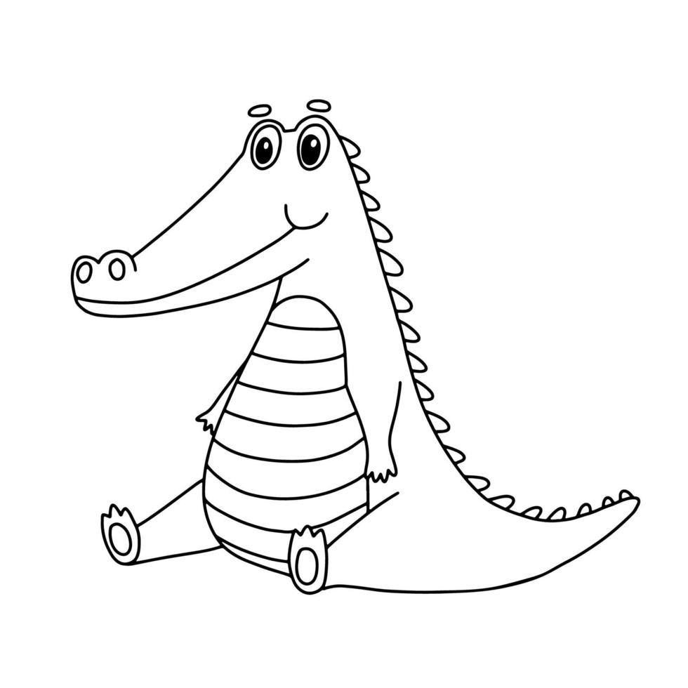 Cute Crocodile sitting. Funny Alligator isolated on white. Outline Vector Illustration for coloring book