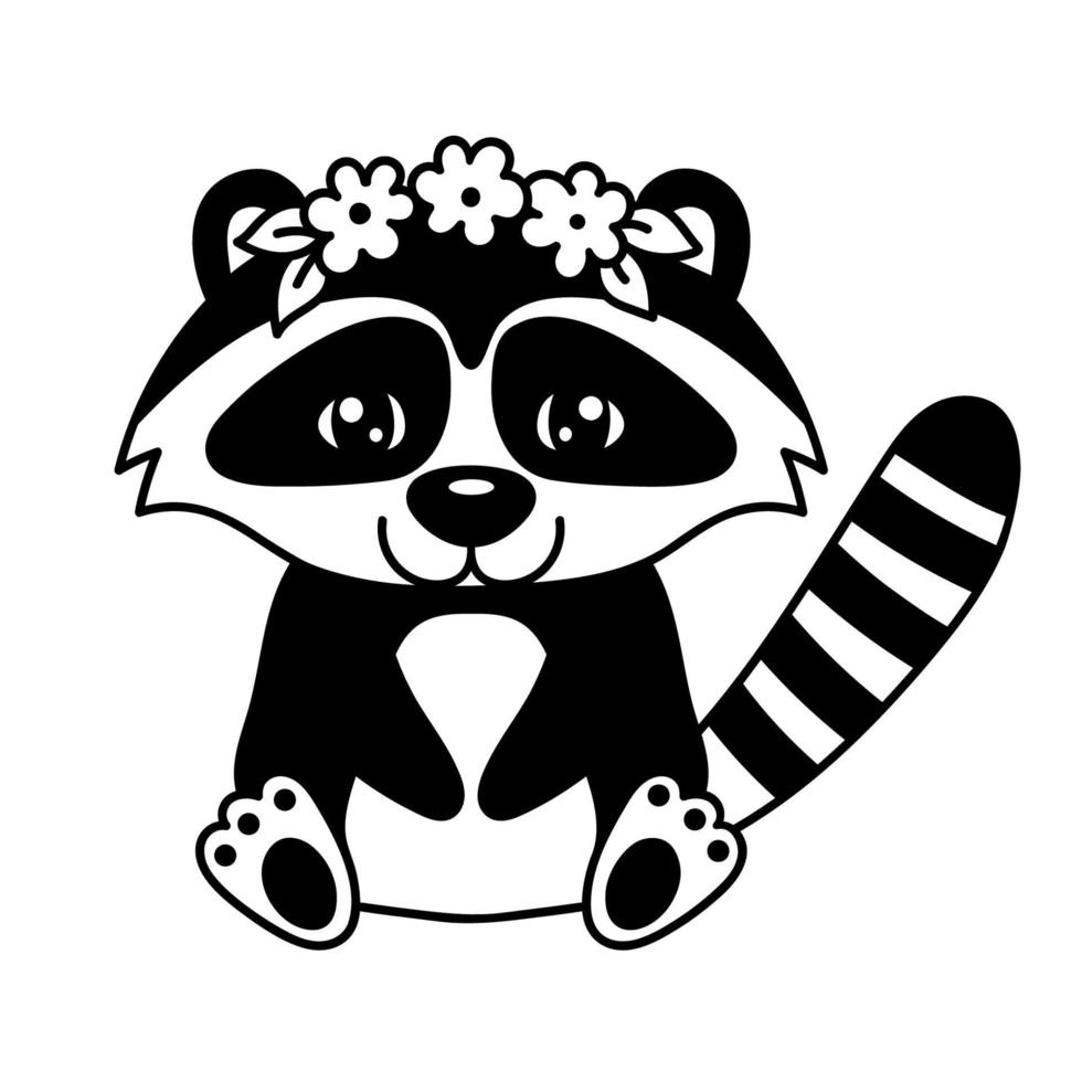 Cute raccoon character with flower wreath on head. Baby raccoon is sitting. Black and white vector childish illustration for coloring books isolated on white