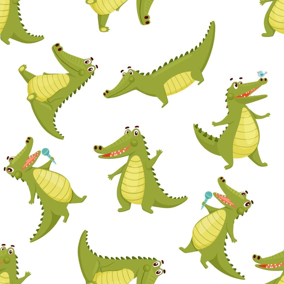 Seamless pattern with Cute Crocodile. Funny Alligator on white background. Cartoon vector Illustration. Green Animal Character