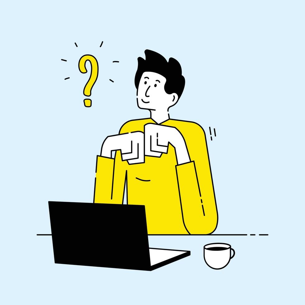 Man thinking with laptop and Question Symbol Hand drawn cartoon character, Flat line illustration design. Problem solving concept vector