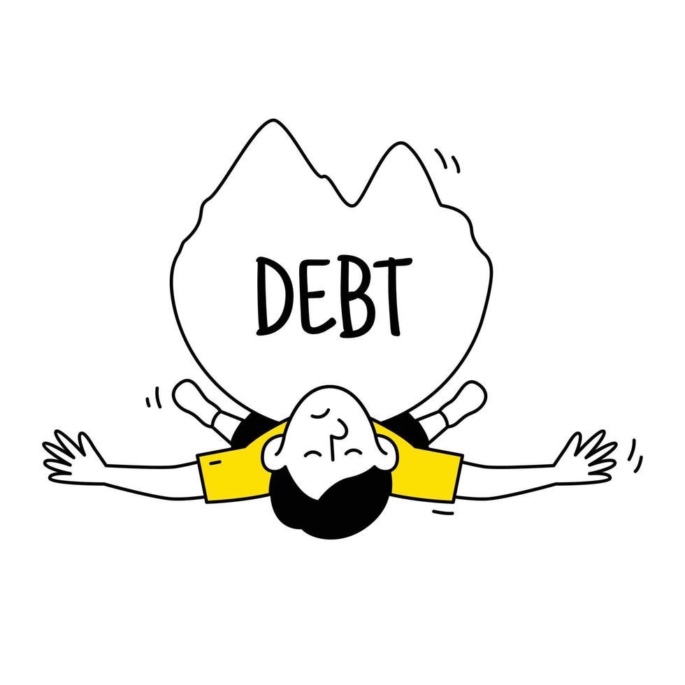 Man under debt mountain doodle cartoon character. Tax, debt and loan crisis and bankruptcy concept. Flat line illustration design vector