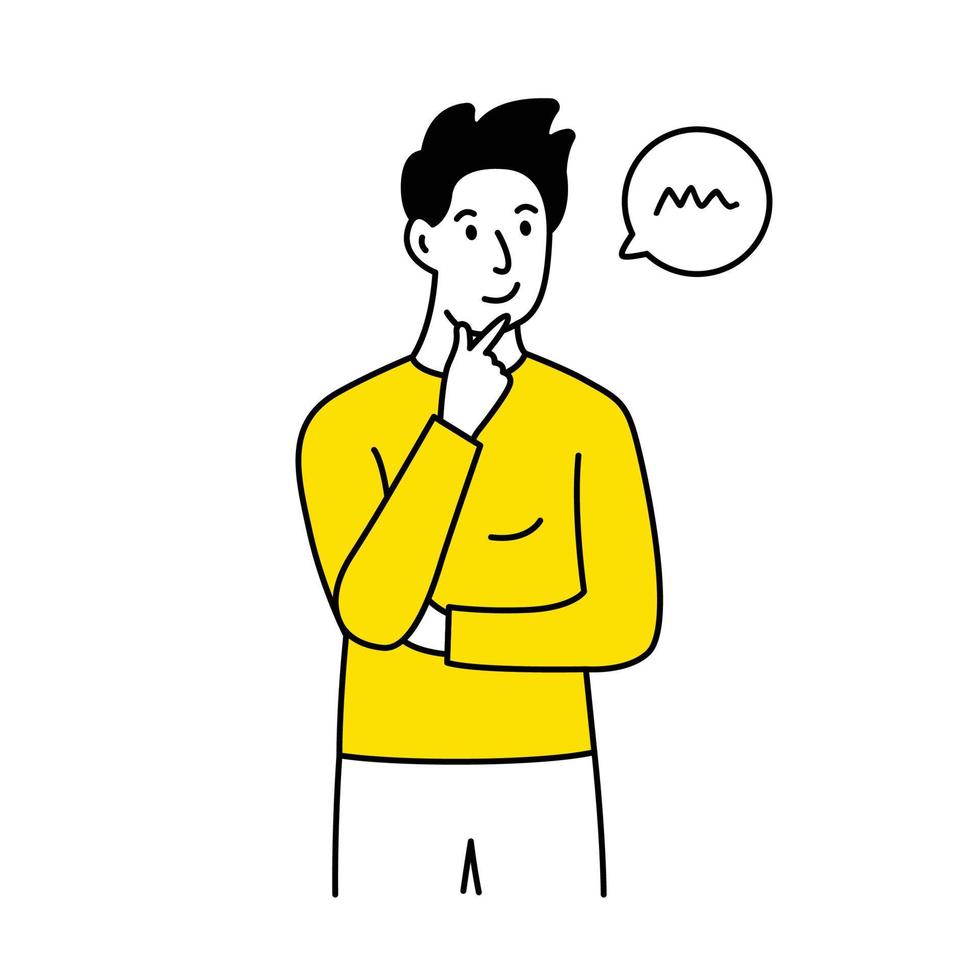 Man thinking with hand on chin Hand drawn cartoon character, Flat line illustration design. Problem solving concept vector