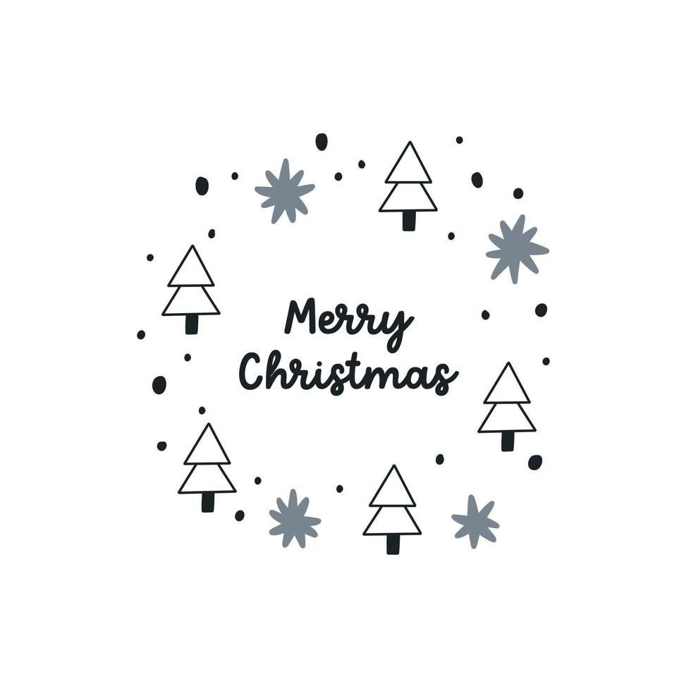 Christmas frame of isolated snowflake tree with lettering Merry Christmas. Flat holiday element New Year in doodle style for print t-shirt, banner, flyer and other design vector