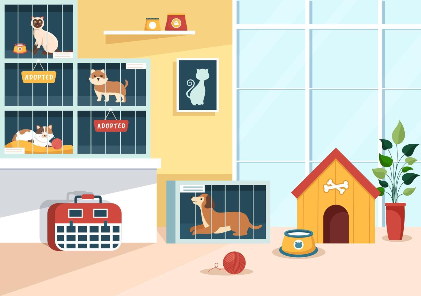 Adopt a Pet From an Animal Shelter in the Form of Cats or Dogs to Care for and Look After in Flat Cartoon Hand Drawn Templates Illustration vector