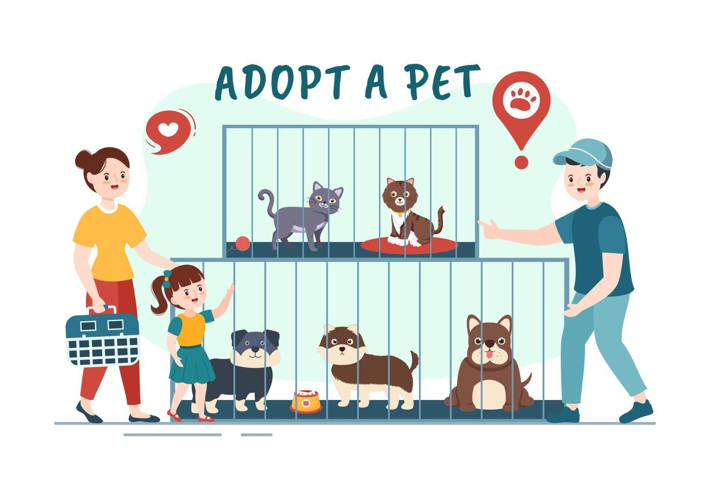 Adopt a Pet From an Animal Shelter in the Form of Cats or Dogs to Care for and Look After in Flat Cartoon Hand Drawn Templates Illustration vector