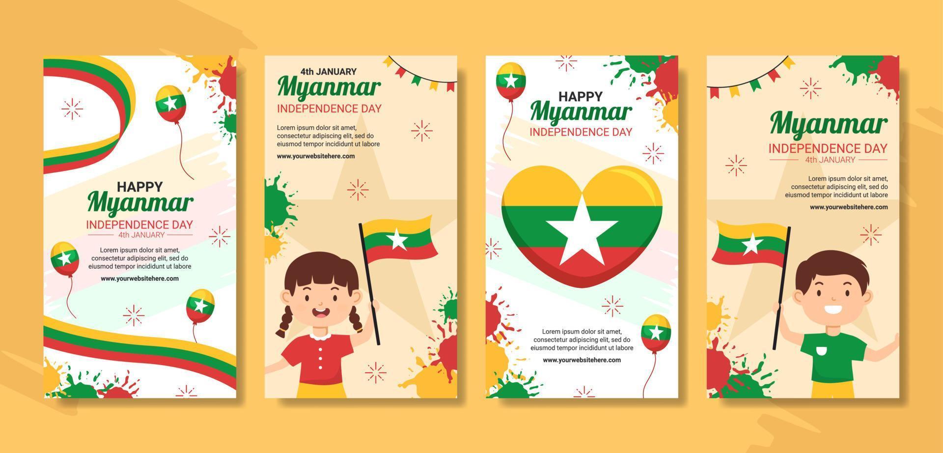 Myanmar Independence Day Social Media Stories Flat Cartoon Hand Drawn Templates Illustration vector