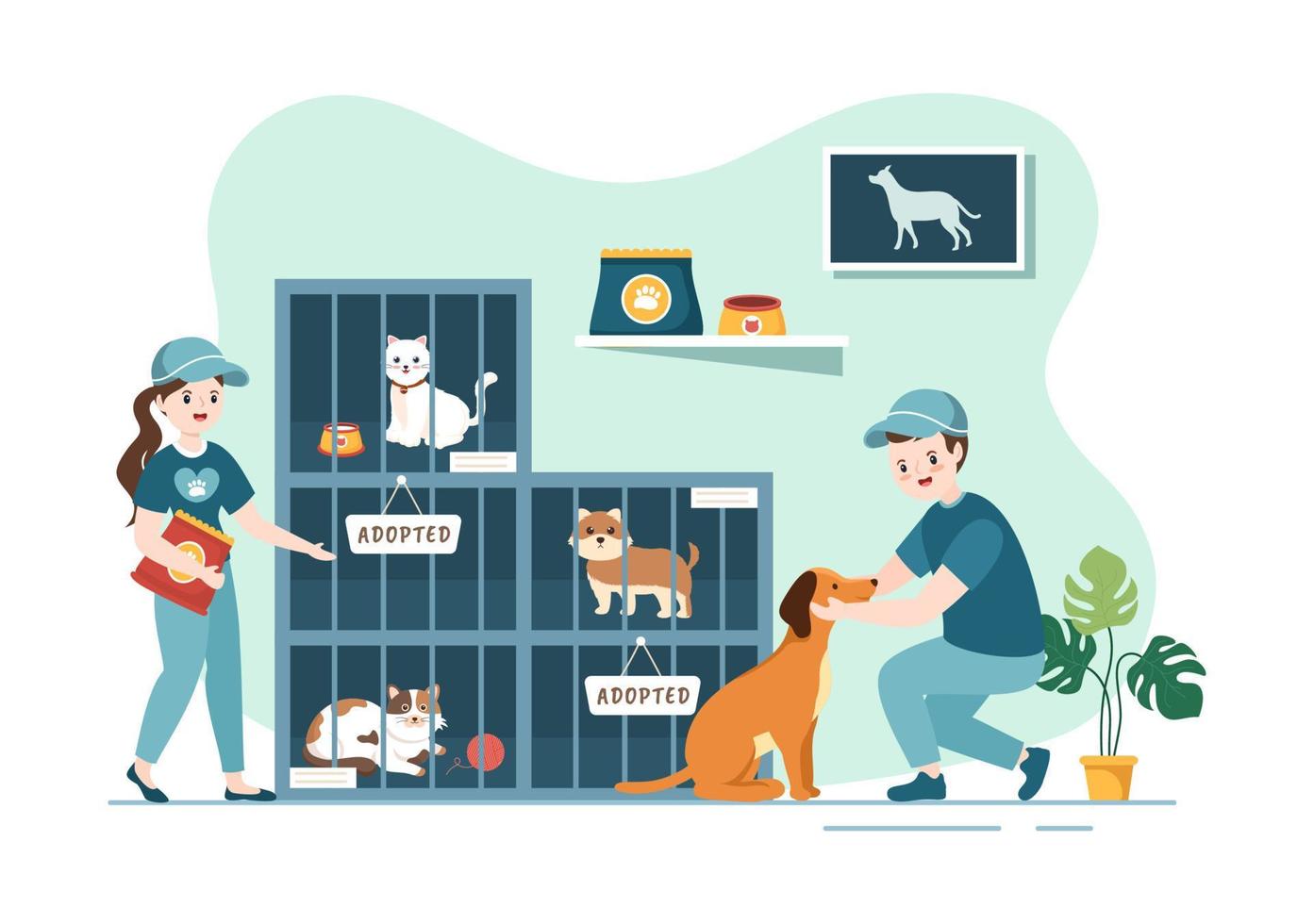 adoptar una mascota de un refugio de animales en forma de gatos o perros para cuidar y cuidar en dibujos animados planos dibujados a mano ilustración de plantillas vector