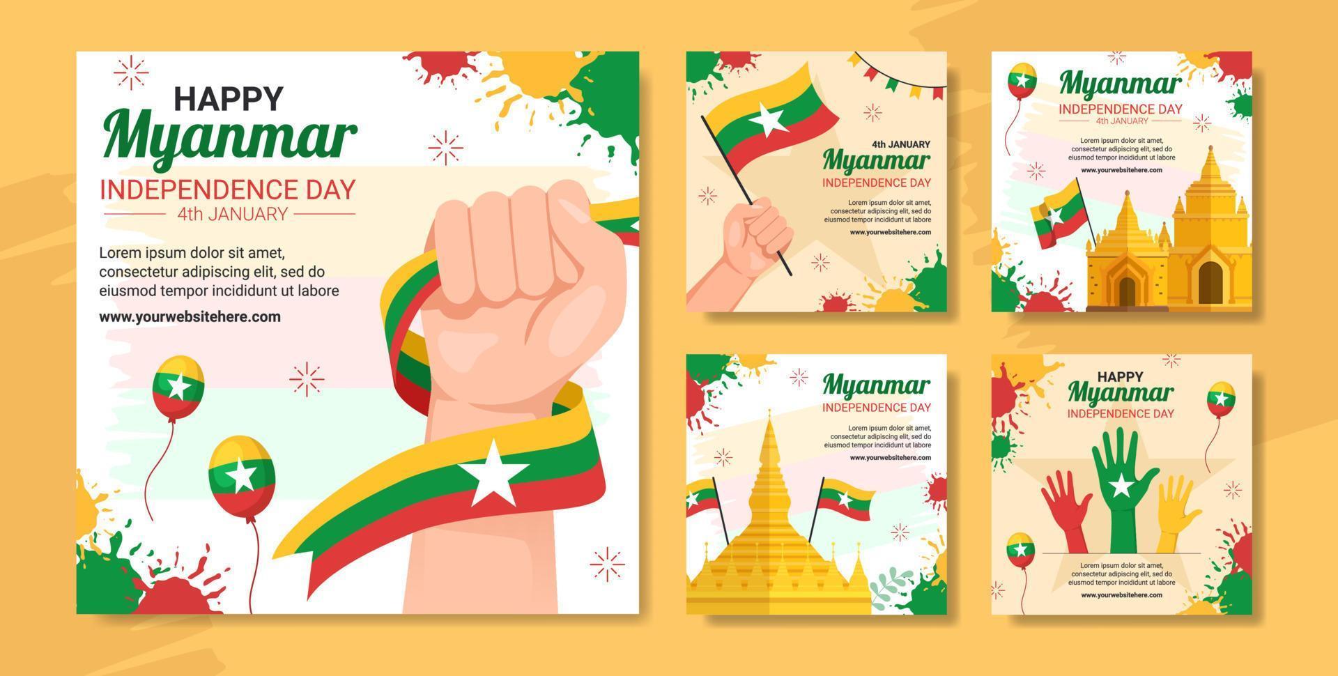 ilustración de plantillas dibujadas a mano de dibujos animados planos de publicación de redes sociales del día de la independencia de myanmar vector