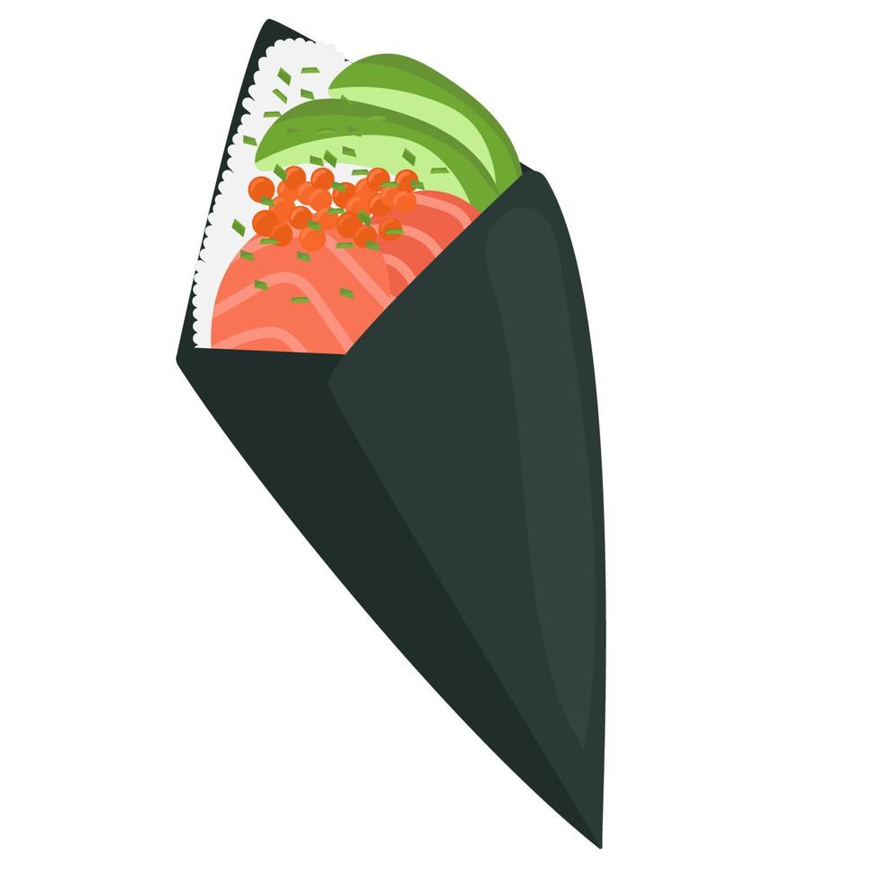 sushi temaki, sushi enrollado a mano - comida japonesa. vector