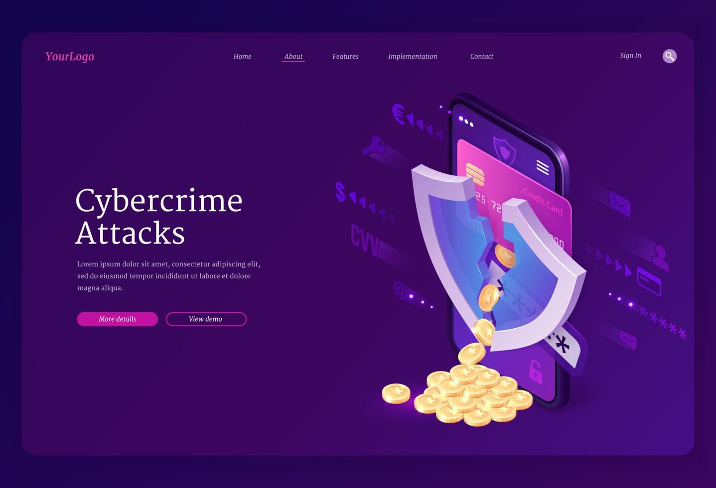 Cybercrime attack isometric landing page, banner vector