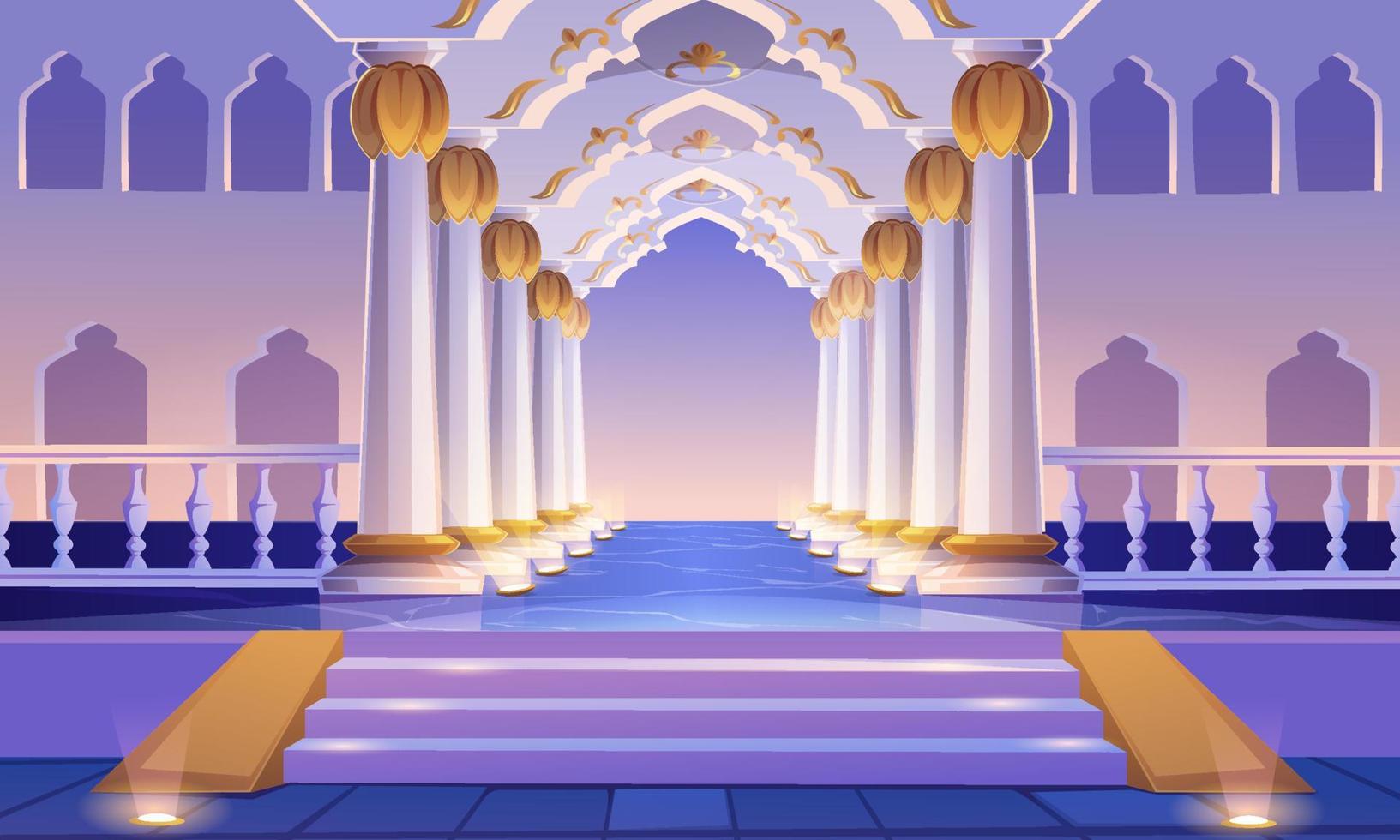 Castle corridor with staircase, columns and arches vector