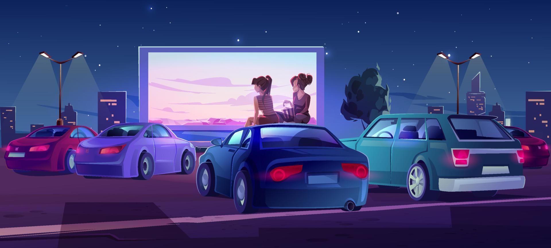 Outdoor cinema, open air movie theater with cars vector