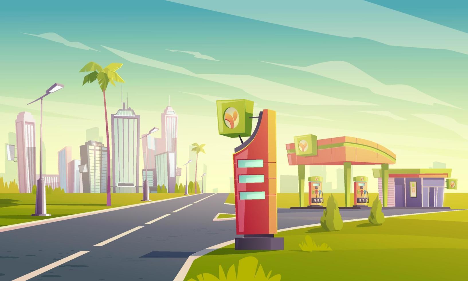 Gas station with oil pump and market on road vector