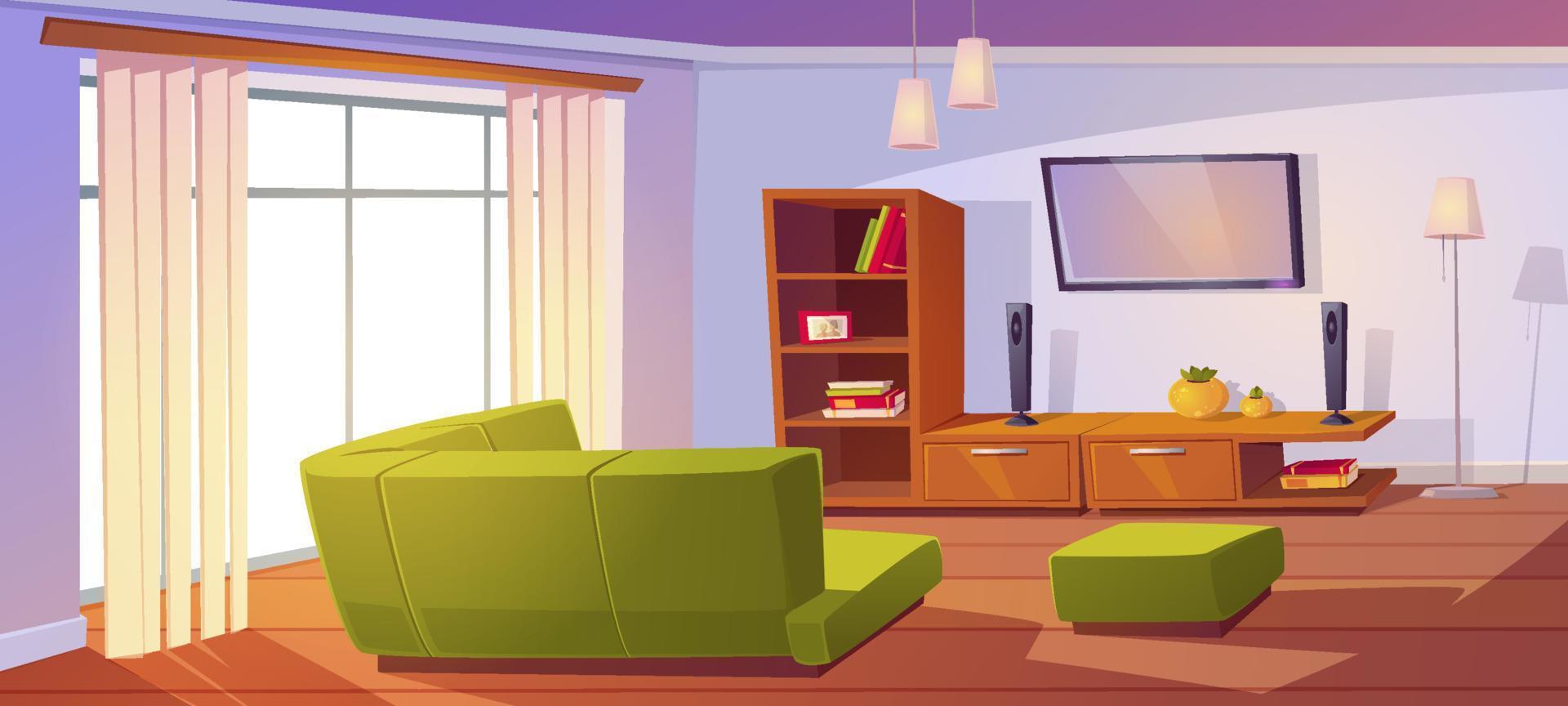 Living room with corner sofa, big window and tv vector