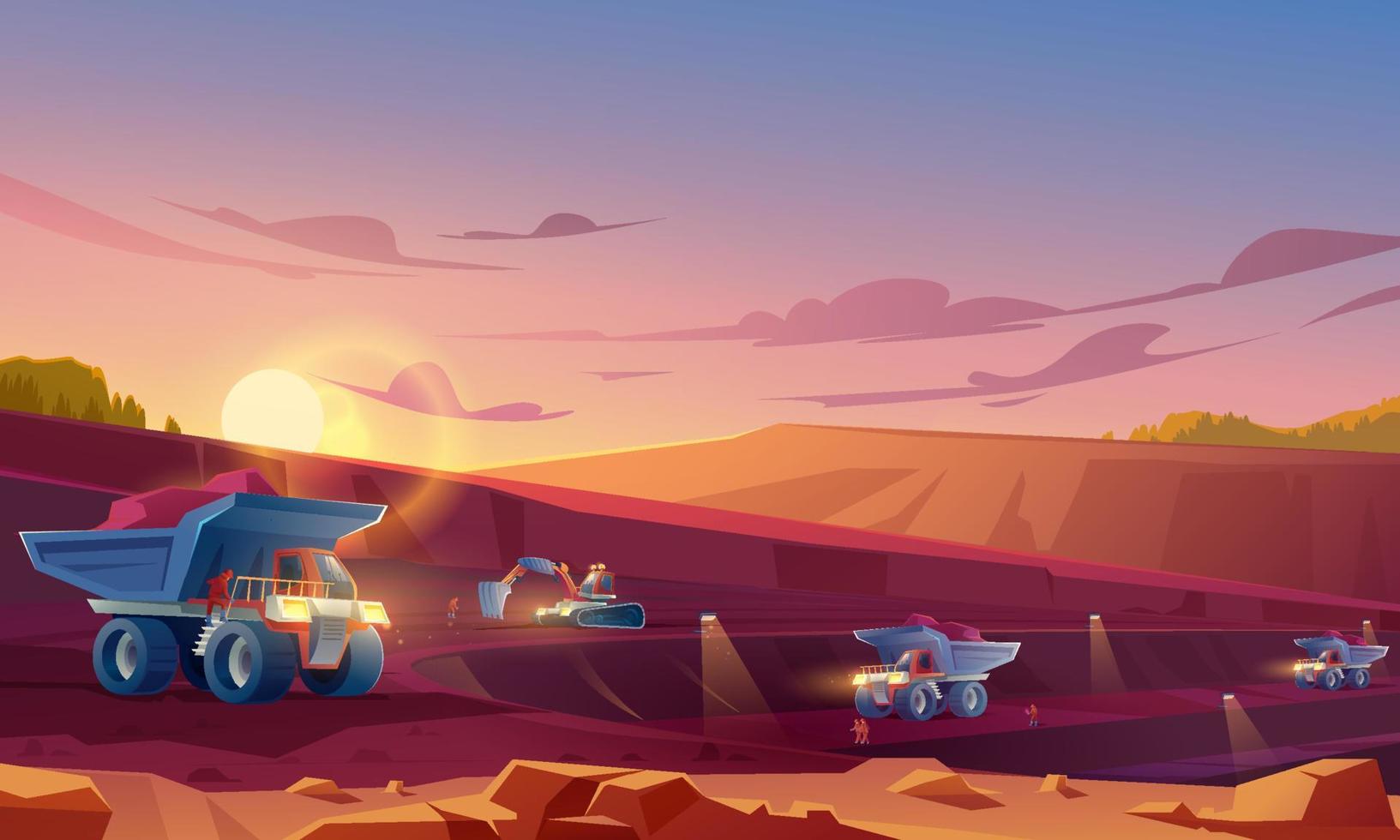Quarry mining with heavy industrial dump trucks vector