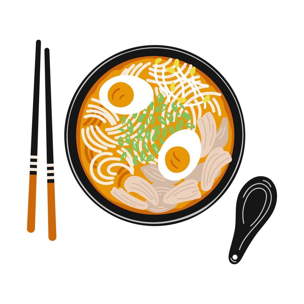 Hand drawn illustration of noodles soup in bowl with chopsticks and spoon. Traditional asian food vector