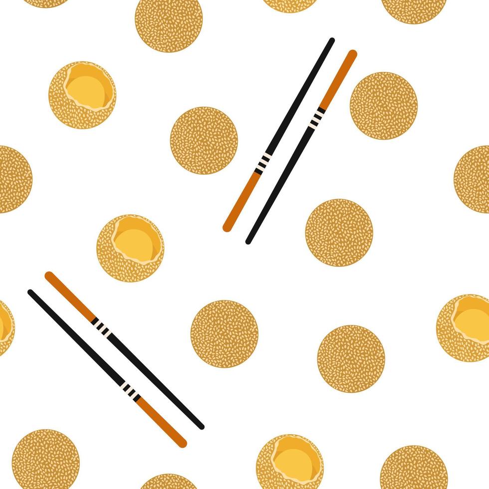 Seamless pattern with sesame balls and chopsticks. Asian traditional cuisine vector