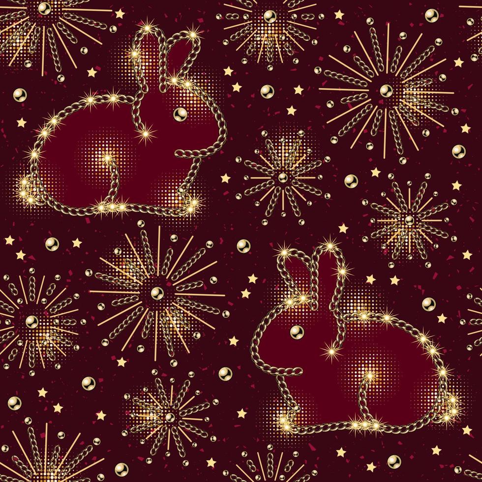 patrón impecable con estrellas, fuegos artificiales, lindo conejo hecho de cadenas de oro de joyería. pequeñas estrellas brillantes, destellos sobre un fondo rojo intenso. vector