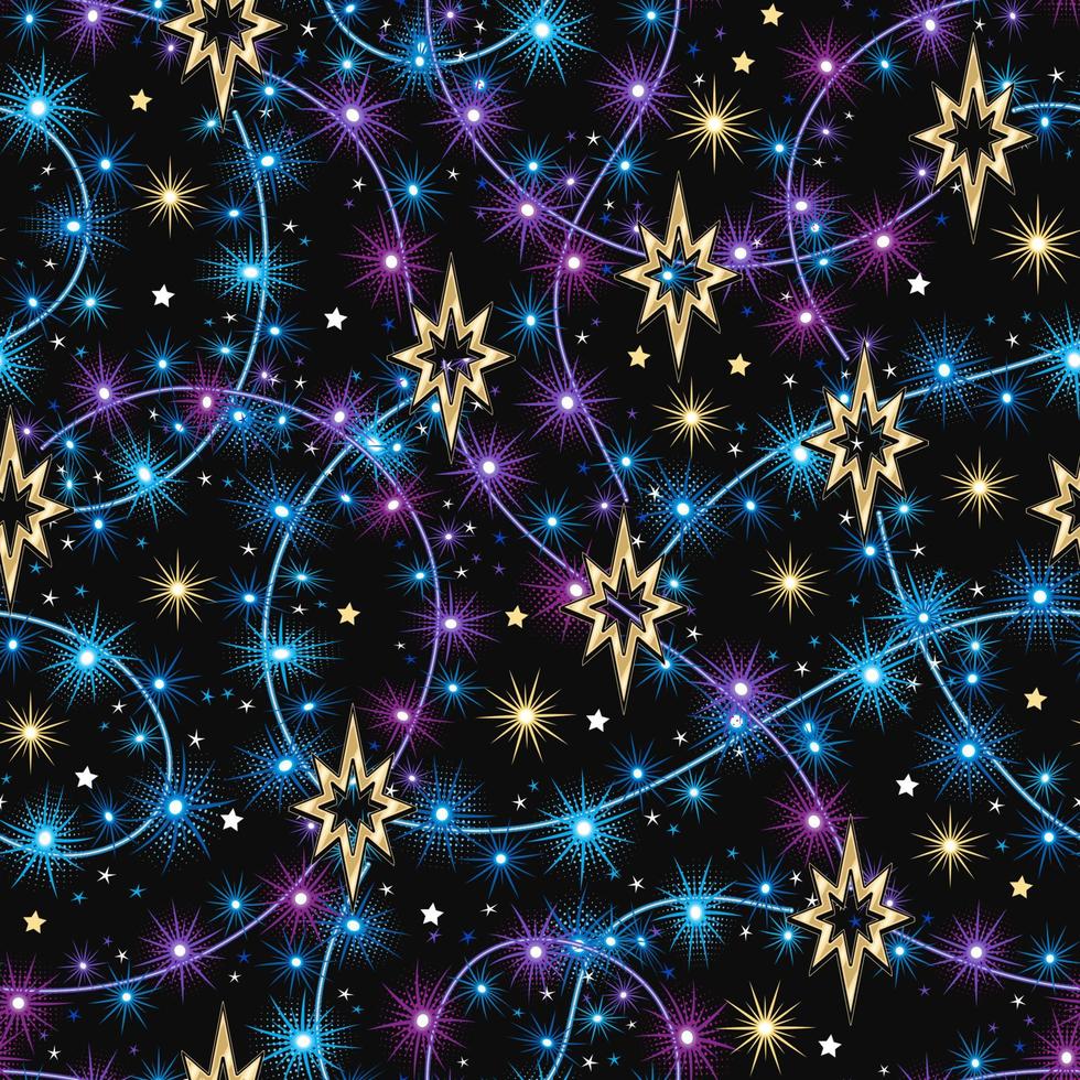 Pattern with festive colorful garland, lights, golden Bethlehem star. Purple, blue, glowing sparkles, stars on wire strings. Decorations for Xmas, New Year holidays No transparency vector