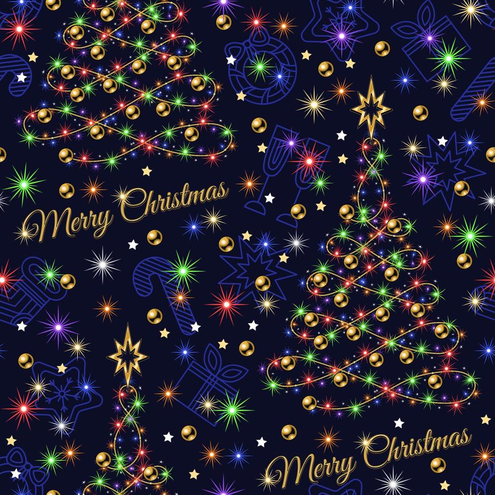 patrón impecable con árbol de Navidad, guirnaldas festivas, luces de colores, estrellas, destellos. icono de esquema de símbolos de Navidad detrás. texto feliz navidad. vector
