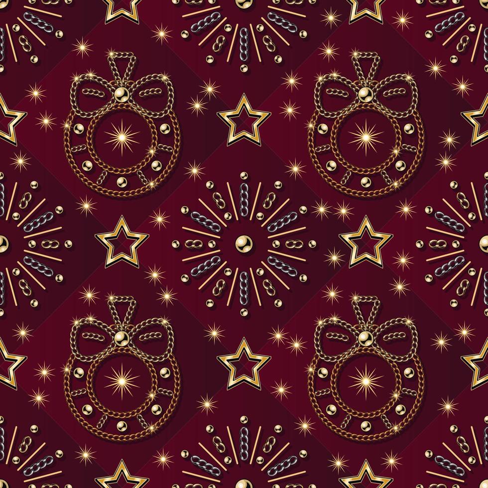 patrón impecable con estrellas, coronas navideñas, fuegos artificiales hechos de joyas de oro, bronce, cadenas de plata. pequeñas estrellas brillantes, destellos sobre fondo rojo cuadrado geométrico. vector