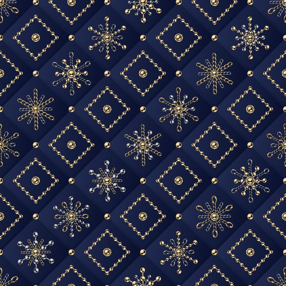 Seamless diagonal geometric pattern with small 6 side snowflakes, rhombuses made of jewelry gold, silver chains and shiny ball beads. Square blue geometric grid on background vector