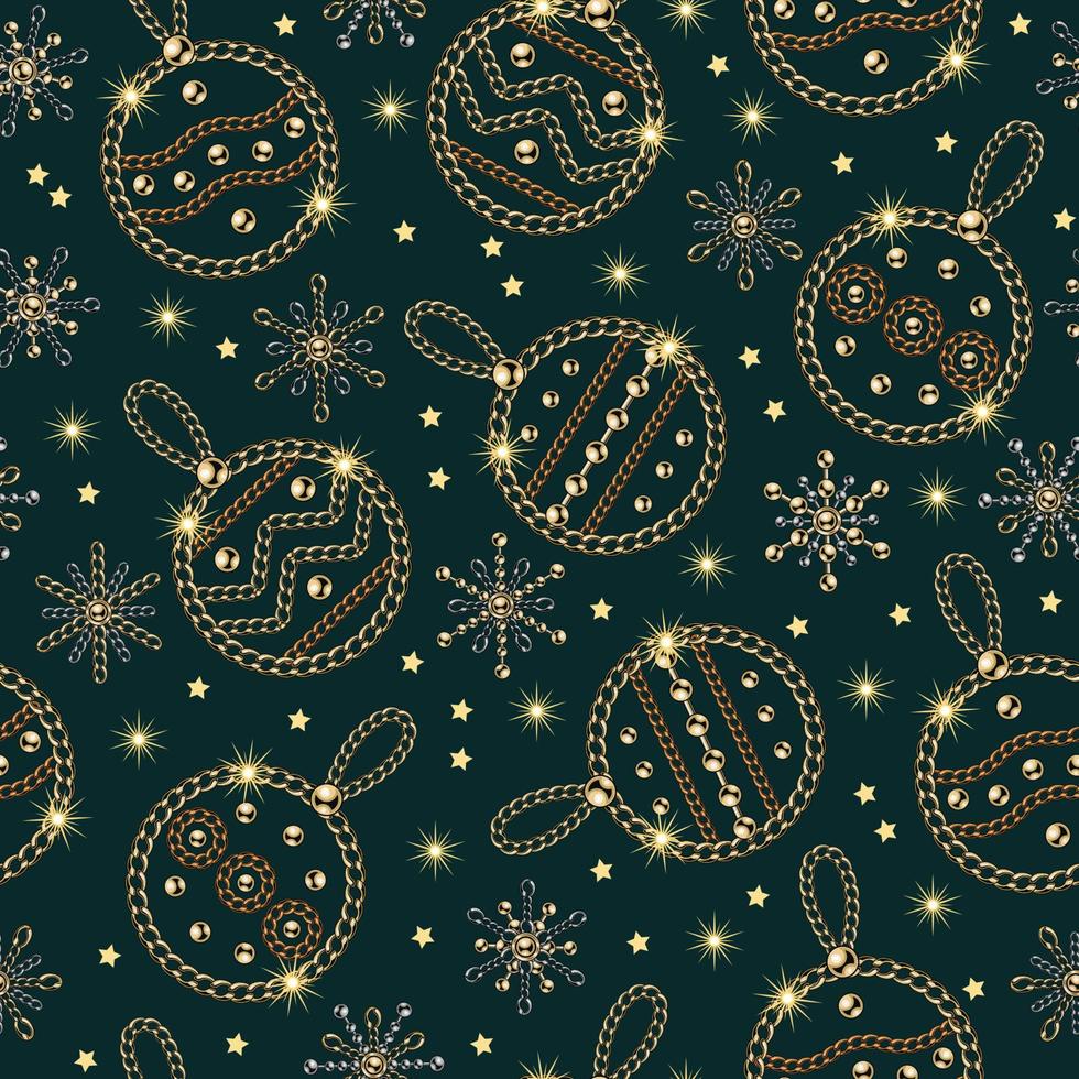 Seamless pattern with christmas balls, small snowflakes of jewelry gold, silver chains, shiny ball beads. Small stars, sparkles on green background For christmas, new year holiday package decoration vector