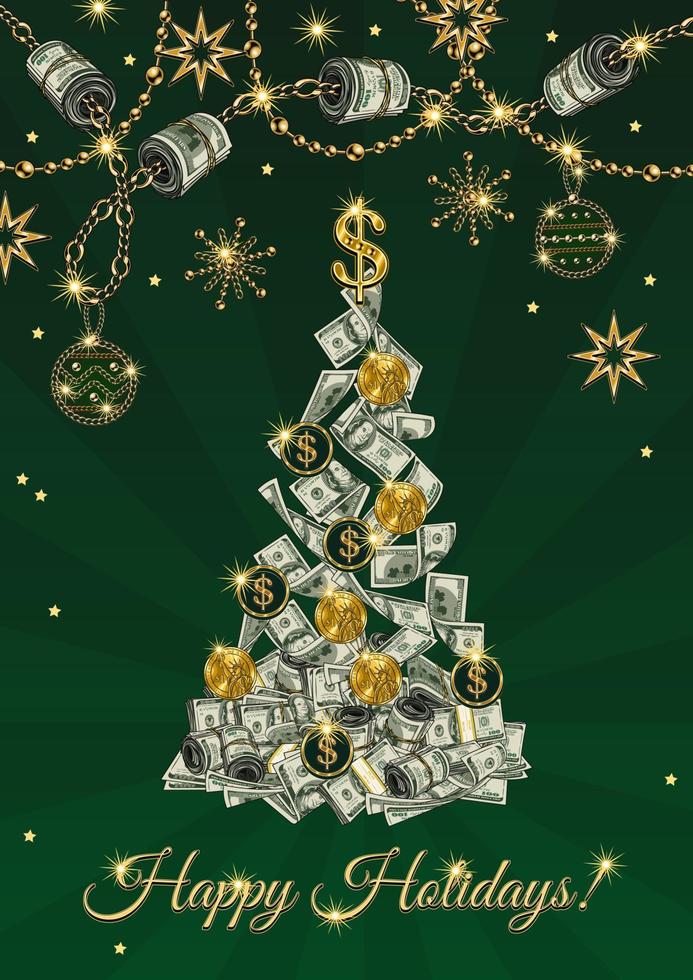 Greeting card holiday design with cash money. Christmas tree made of