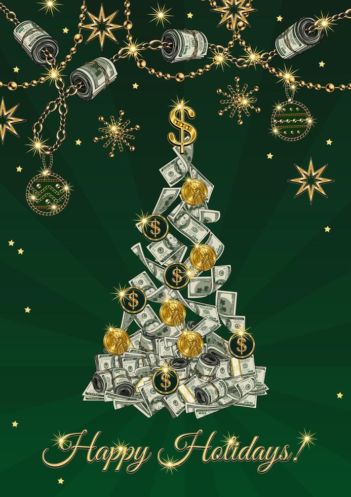 Greeting card holiday design with cash money. Christmas tree made of 100 dollar banknotes, coins. Jewelry gold chains with hanging dollar rolls. Shiny snowflakes, stars, sparkles on green background vector