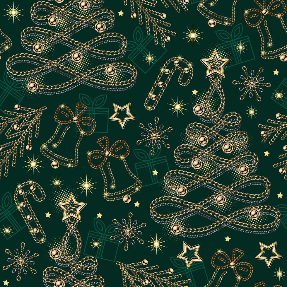Seamless pattern with christmas tree, bells, candy cane, spruce branch made of jewelry gold chains, shiny ball beads. Gift box icon, stars, sparkles on green background vector