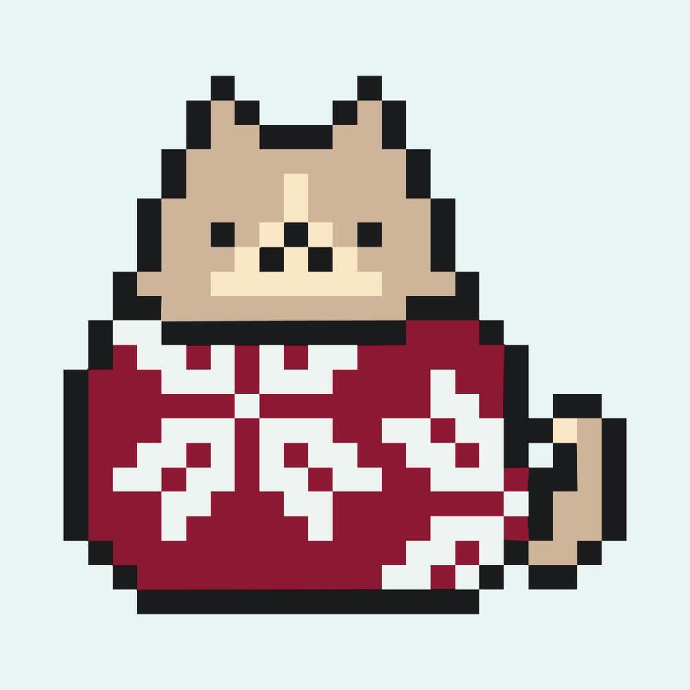 gato pixel en suéter navideño. lindo gato de dibujos animados de año nuevo en suéter de punto. pixel art, personaje de dibujos animados de 8 bits vector