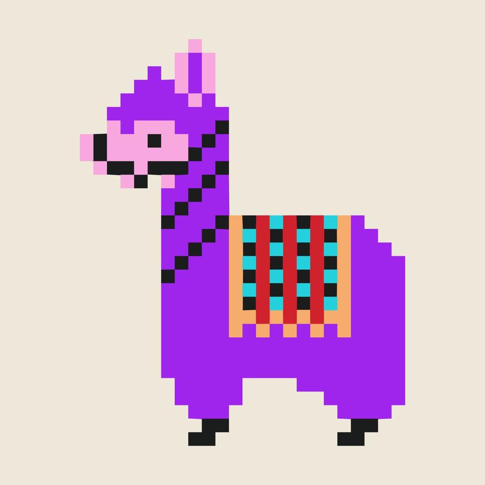 Cute pixel purple llama or alpaca. Creative childish texture. Pixel art, 8-bit cartoon character. Great for fabric, textile, wrapping paper, packaging, clothing, decoration, surface design vector