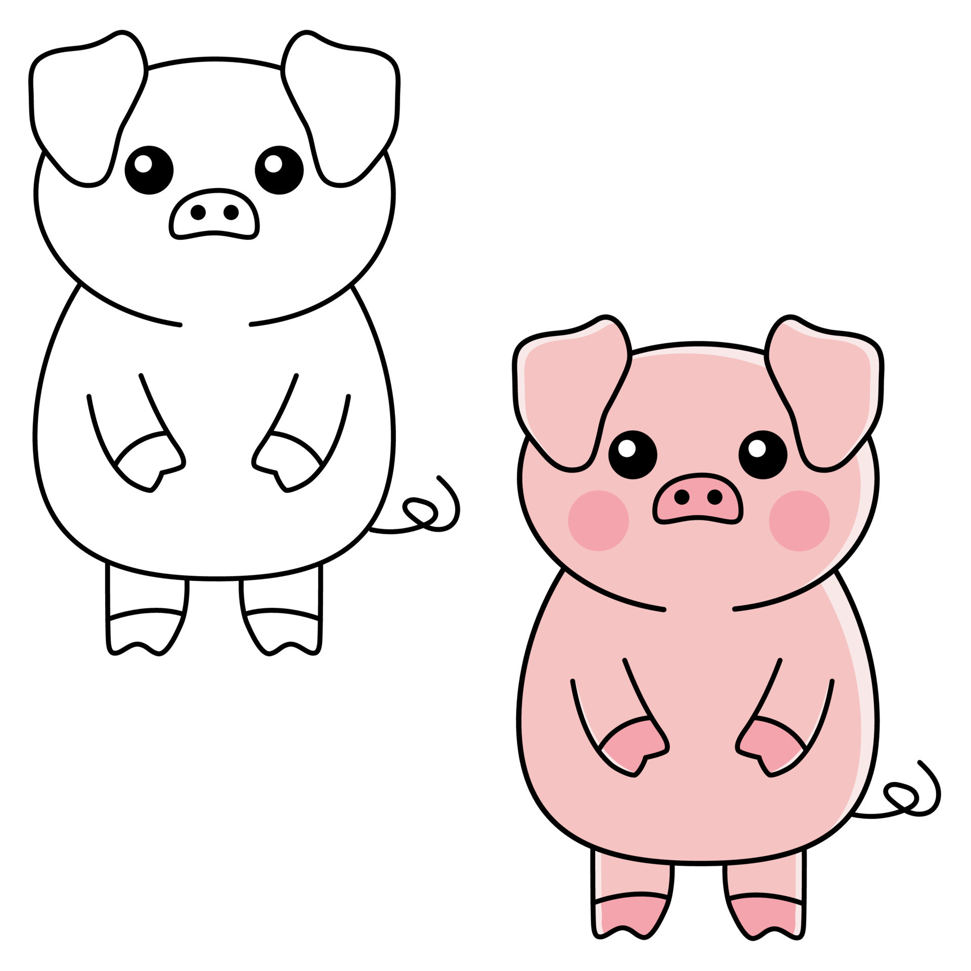 cerdo lindo blanco y negro vs color. página para colorear libro para  colorear para niños en edad preescolar con un nivel de juego educativo  fácil. pegatina de animales de dibujos animados. diseño