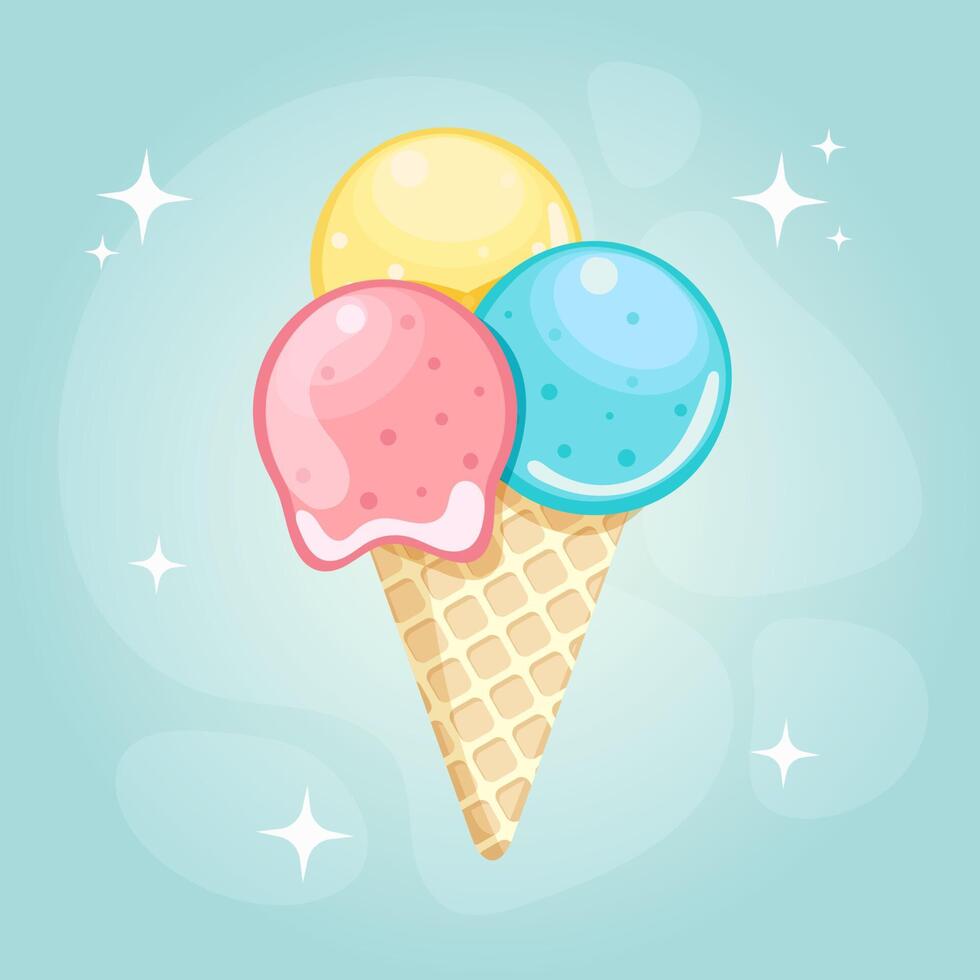 Delicious fruit ice cream in waffle cone on light gradient background