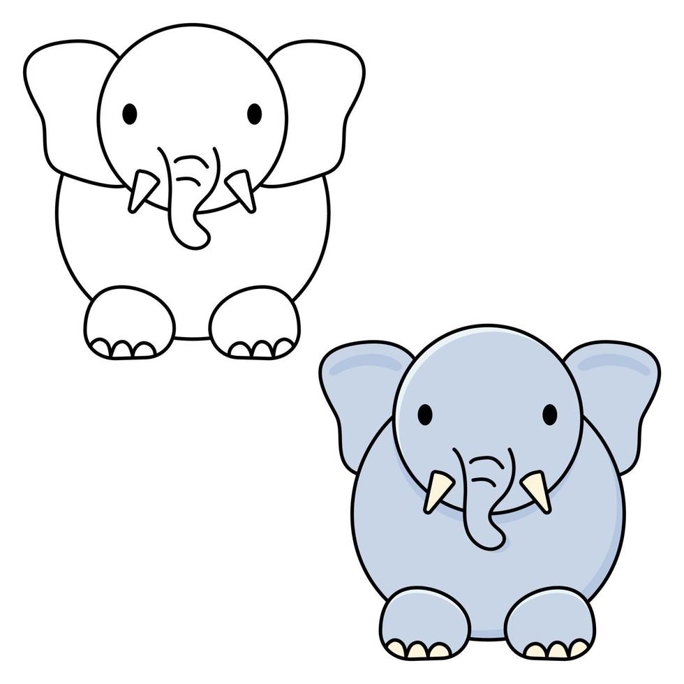 Cartoon cute elephant. Color and black white vector illustration for kids coloring book page with outlined clipart to color. Kids learning game. Cartoon animal. Simple linear design, eps10