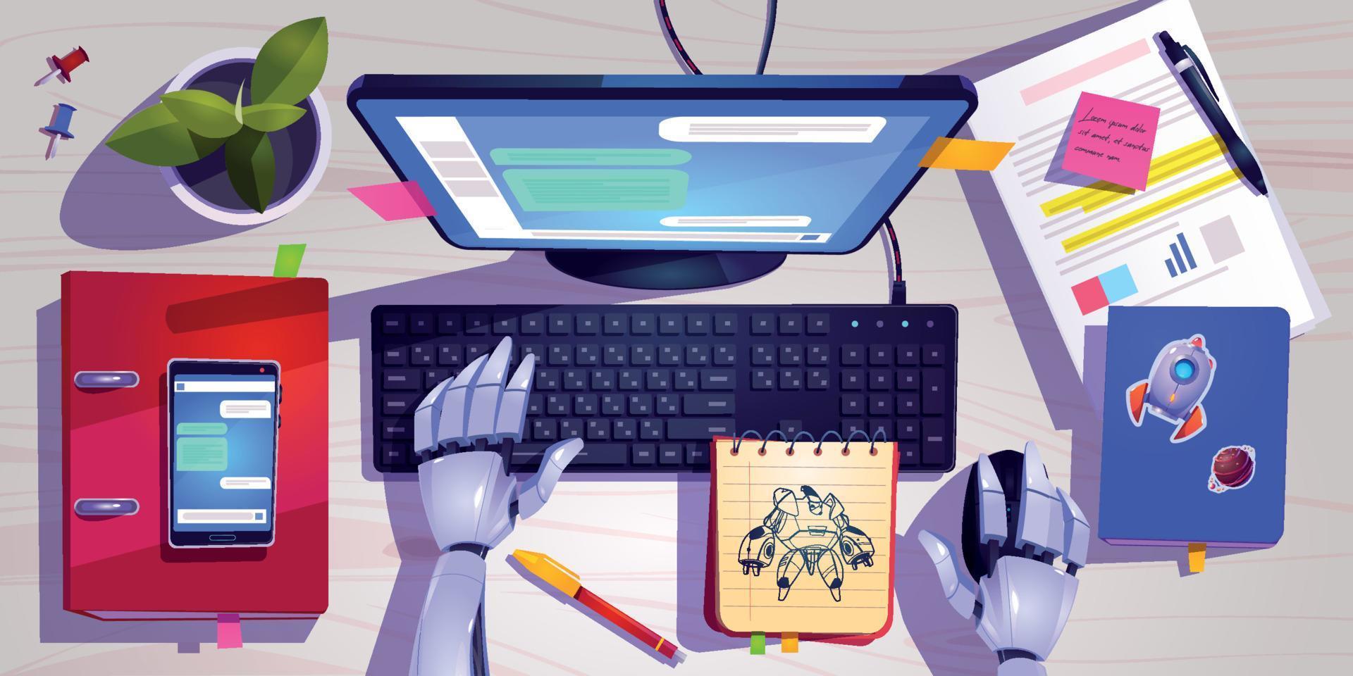 espacio de trabajo con manos robóticas en el teclado de la computadora vector