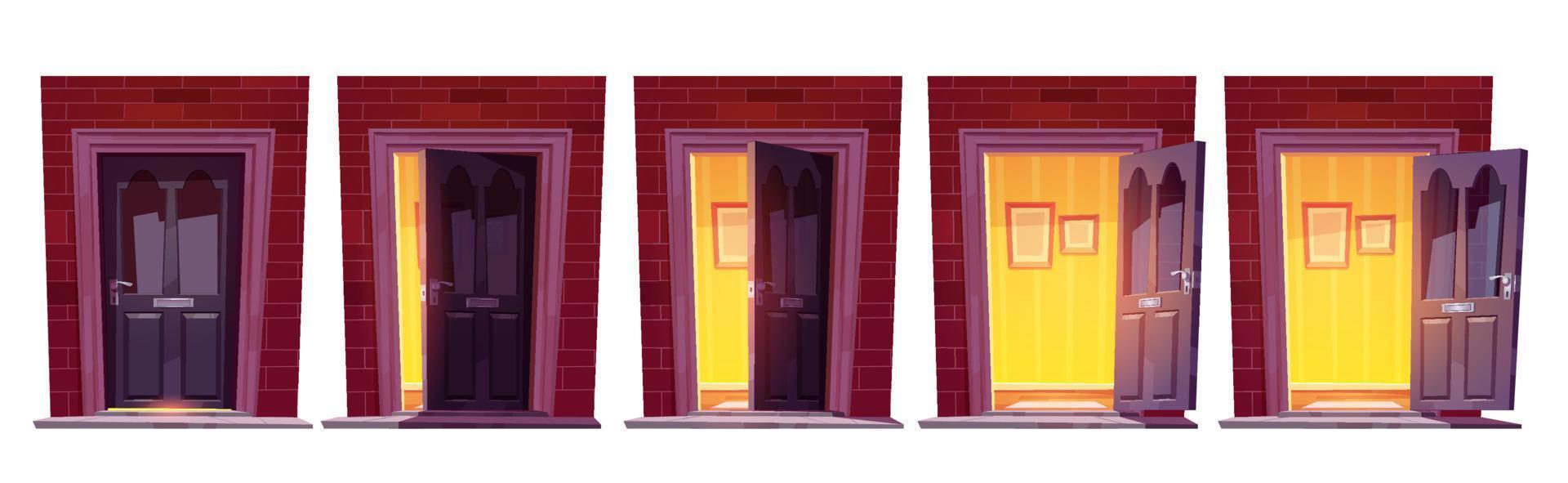 Opening wooden front door in brick wall vector