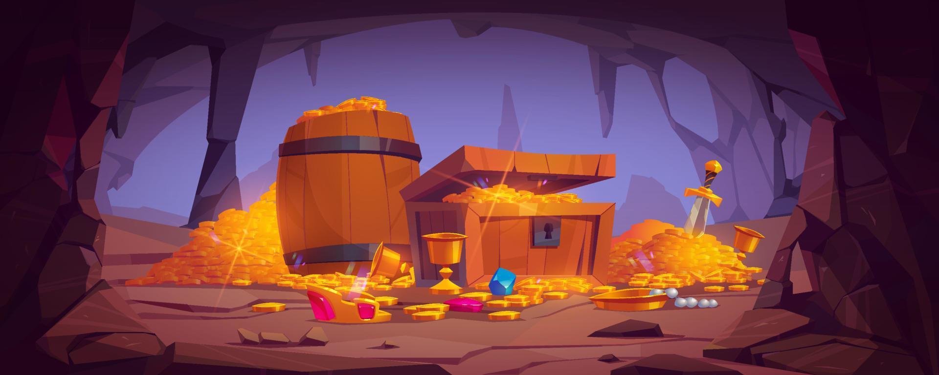 Treasure cave with gold coins in chest and barrel vector