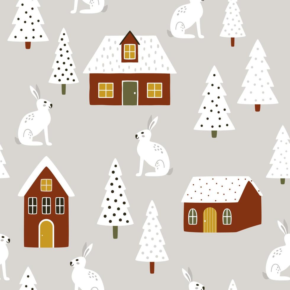 White cartoon characters of hares with Christmas trees and houses on gray backgrounds. Seamless vector winter pattern for fabric, wallpaper, branding, and wrapping. Print for gifts for the New Year